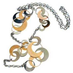 Rebecca St.Barth Modernist chain two tone gold silver disc Necklace long 34"